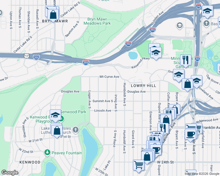 map of restaurants, bars, coffee shops, grocery stores, and more near 1726 Irving Avenue South in Minneapolis