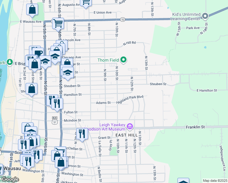 map of restaurants, bars, coffee shops, grocery stores, and more near 918 Hamilton Street in Wausau