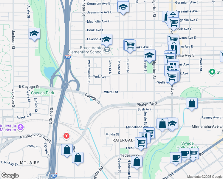 map of restaurants, bars, coffee shops, grocery stores, and more near 431 Whitall Street in Saint Paul