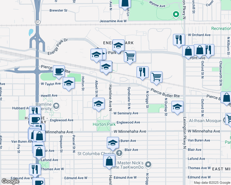 map of restaurants, bars, coffee shops, grocery stores, and more near 1319 Hewitt Avenue in Saint Paul