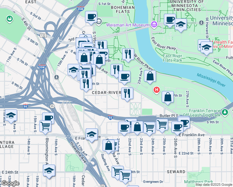map of restaurants, bars, coffee shops, grocery stores, and more near 628 21st Avenue South in Minneapolis
