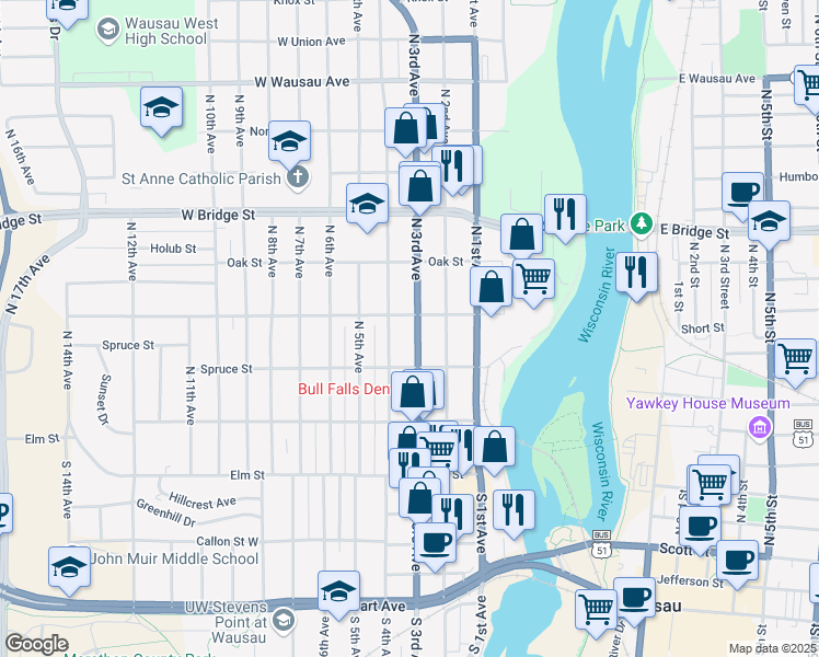 map of restaurants, bars, coffee shops, grocery stores, and more near 324 North 3rd Avenue in Wausau