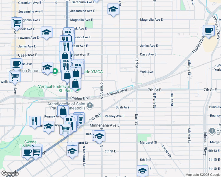 map of restaurants, bars, coffee shops, grocery stores, and more near 849 Duchess Street in Saint Paul