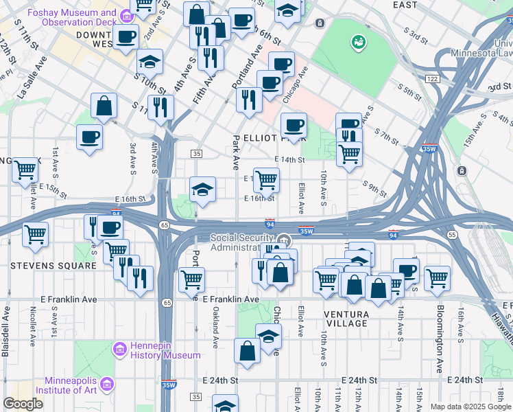 map of restaurants, bars, coffee shops, grocery stores, and more near 719 East 16th Street in Minneapolis