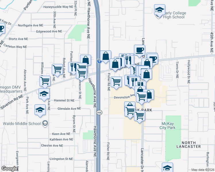 map of restaurants, bars, coffee shops, grocery stores, and more near 3255 Fisher Road Northeast in Salem