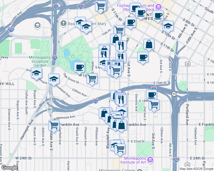 map of restaurants, bars, coffee shops, grocery stores, and more near 1524 Lasalle Avenue in Minneapolis