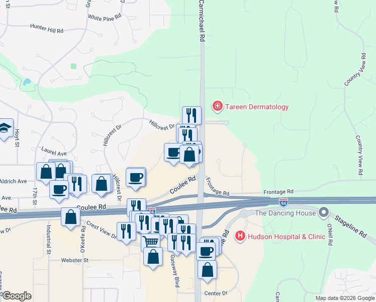 map of restaurants, bars, coffee shops, grocery stores, and more near 131 Carmichael Road in Hudson