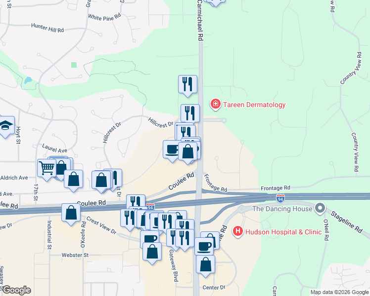 map of restaurants, bars, coffee shops, grocery stores, and more near 131 Carmichael Road in Hudson
