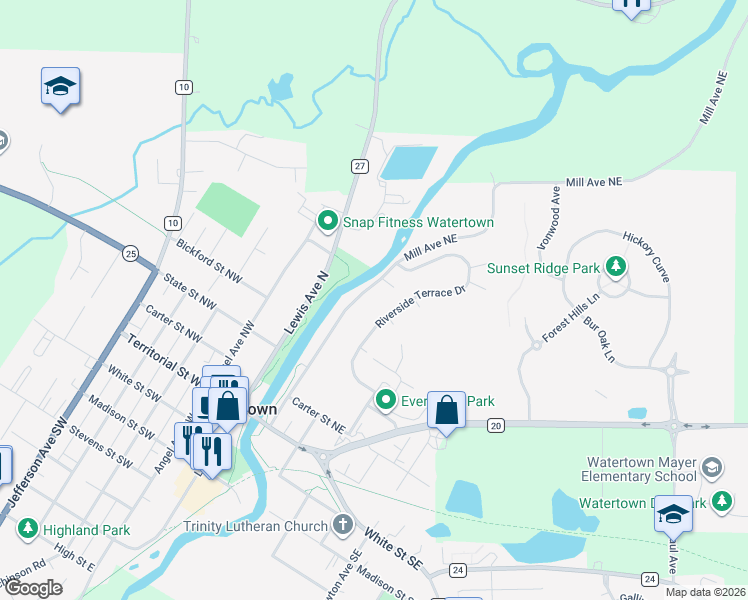 map of restaurants, bars, coffee shops, grocery stores, and more near 508 Mill Avenue Northeast in Watertown