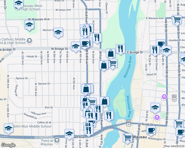 map of restaurants, bars, coffee shops, grocery stores, and more near 326 North 2nd Avenue in Wausau