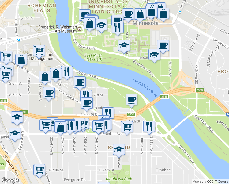 map of restaurants, bars, coffee shops, grocery stores, and more near 2700 South 8th Street in Minneapolis