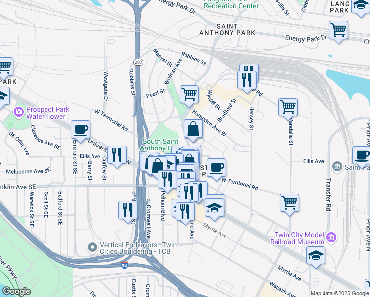 map of restaurants, bars, coffee shops, grocery stores, and more near 857 Raymond Avenue in Saint Paul