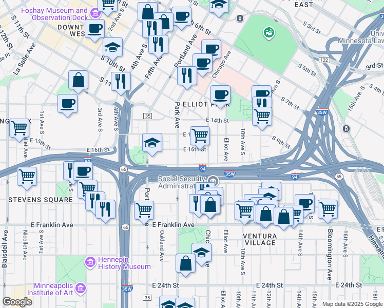 map of restaurants, bars, coffee shops, grocery stores, and more near 719 East 16th Street in Minneapolis
