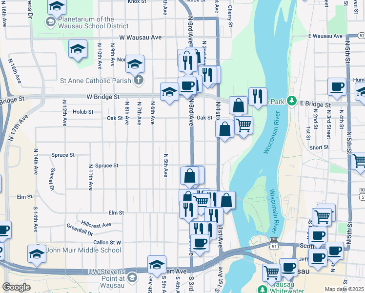 map of restaurants, bars, coffee shops, grocery stores, and more near 327 North 4th Avenue in Wausau