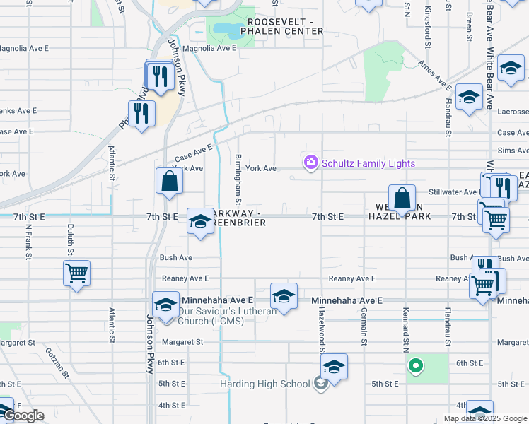 map of restaurants, bars, coffee shops, grocery stores, and more near 1453 7th Street East in Saint Paul