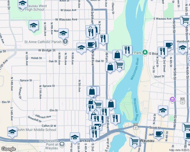 map of restaurants, bars, coffee shops, grocery stores, and more near 326 North 2nd Avenue in Wausau
