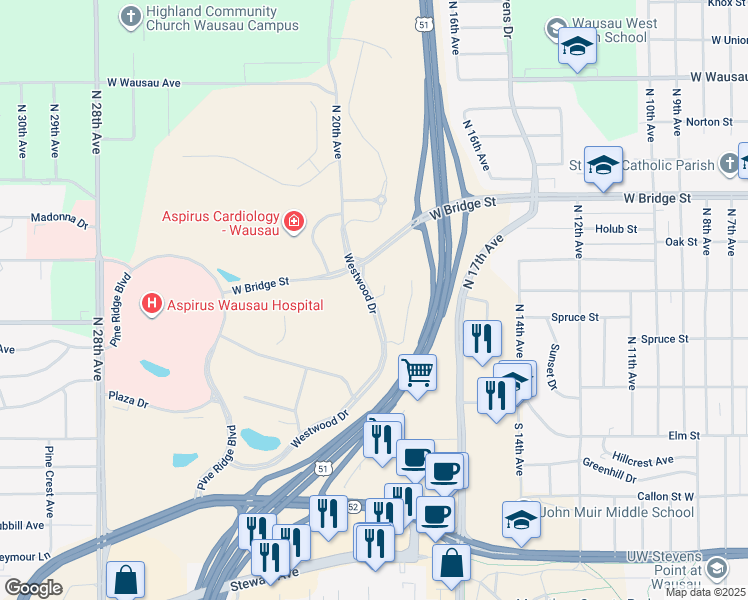 map of restaurants, bars, coffee shops, grocery stores, and more near 413 Westwood Drive in Wausau