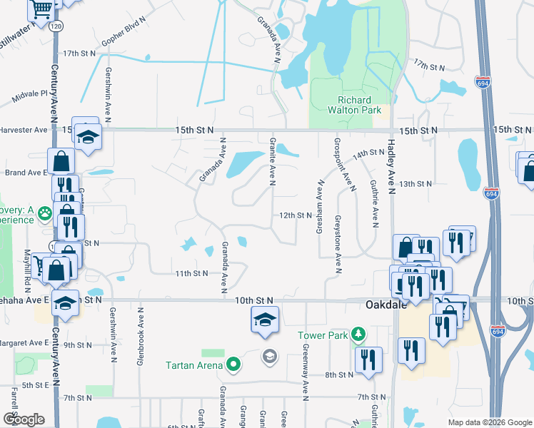 map of restaurants, bars, coffee shops, grocery stores, and more near 1213 Granite Avenue North in Oakdale