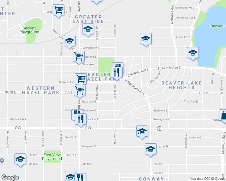 map of restaurants, bars, coffee shops, grocery stores, and more near 1879 7th Street East in Saint Paul