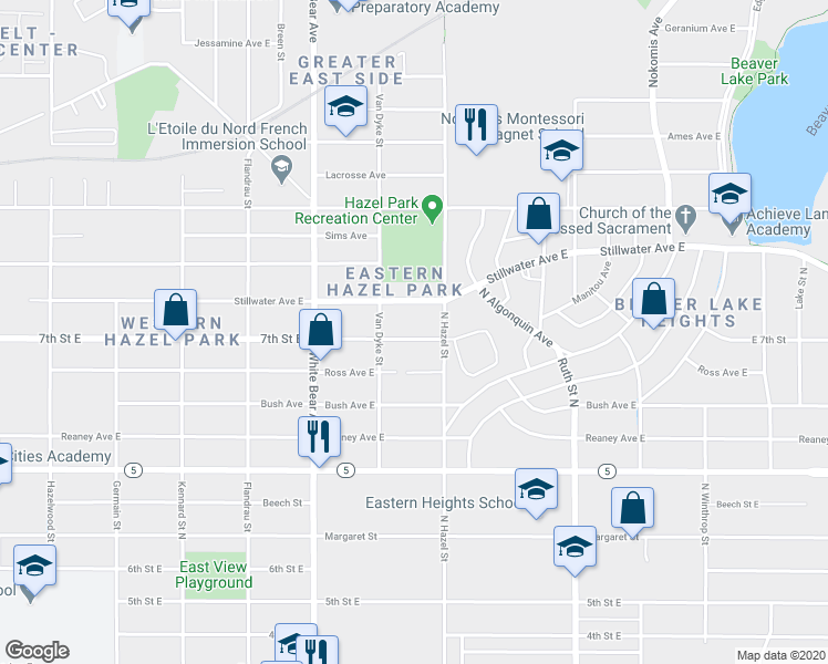 map of restaurants, bars, coffee shops, grocery stores, and more near 1879 7th Street East in Saint Paul