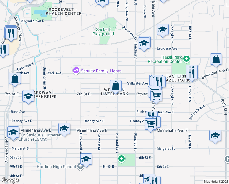 map of restaurants, bars, coffee shops, grocery stores, and more near 1629 7th Street East in Saint Paul