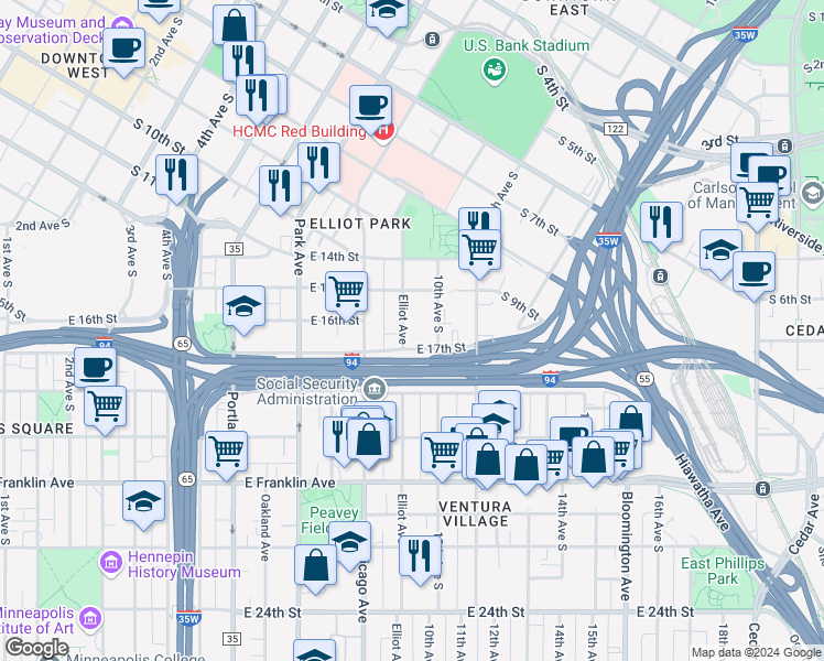 map of restaurants, bars, coffee shops, grocery stores, and more near 1605 Elliot Avenue South in Minneapolis