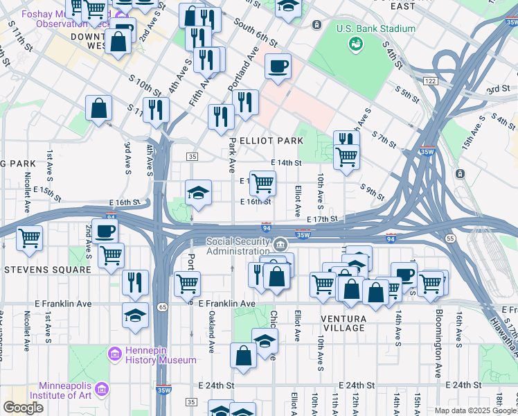 map of restaurants, bars, coffee shops, grocery stores, and more near 719 East 16th Street in Minneapolis