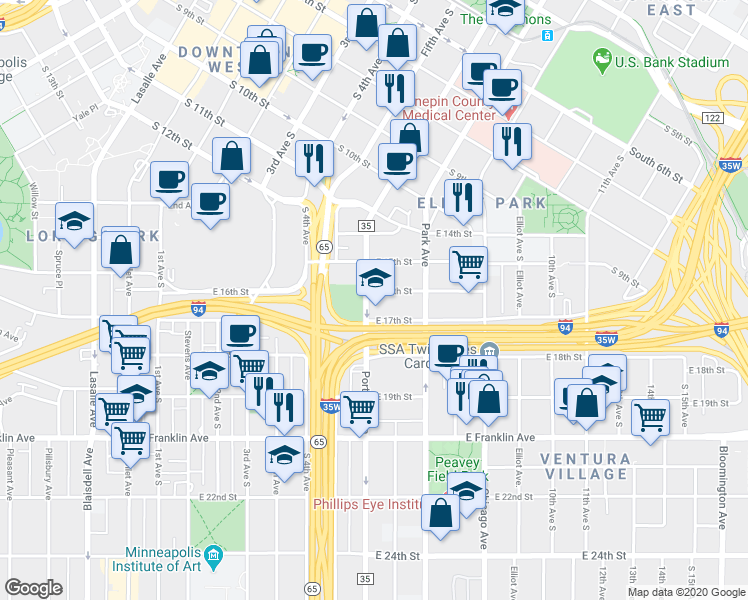 map of restaurants, bars, coffee shops, grocery stores, and more near 611 East 16th Street in Minneapolis