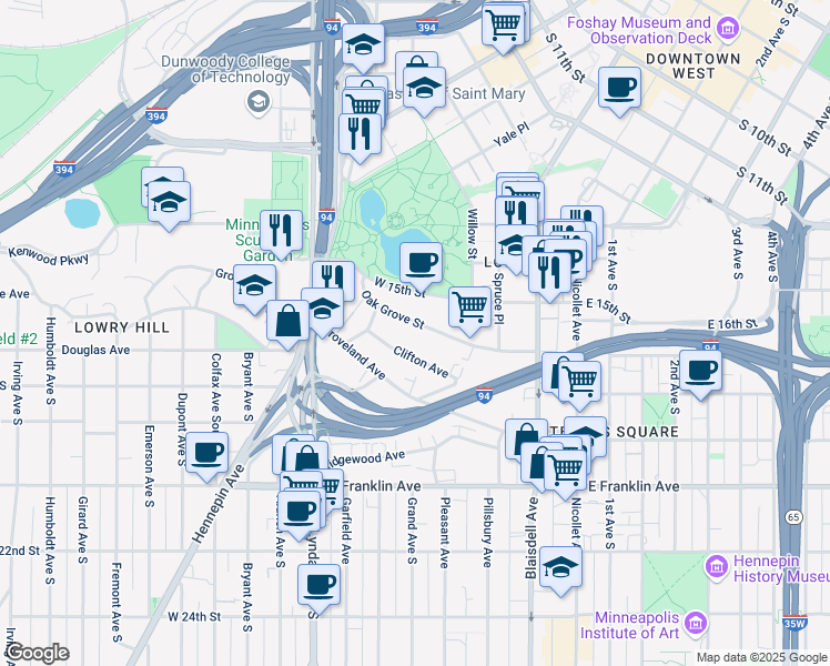 map of restaurants, bars, coffee shops, grocery stores, and more near 316 Oak Grove Street in Minneapolis