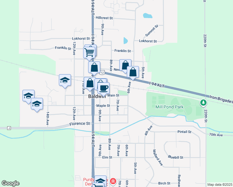 map of restaurants, bars, coffee shops, grocery stores, and more near 705 Main Street in Baldwin