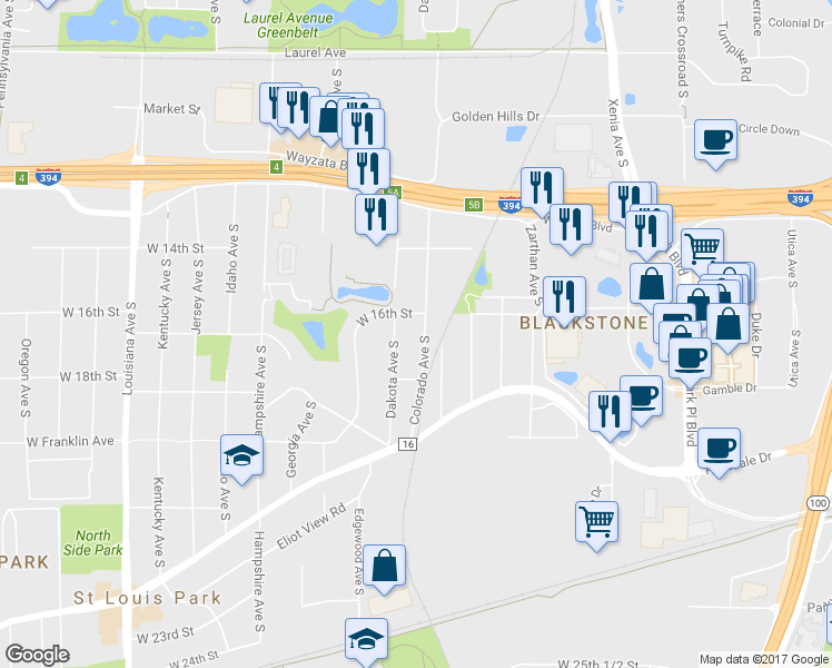 map of restaurants, bars, coffee shops, grocery stores, and more near 1614 Colorado Avenue South in Minneapolis