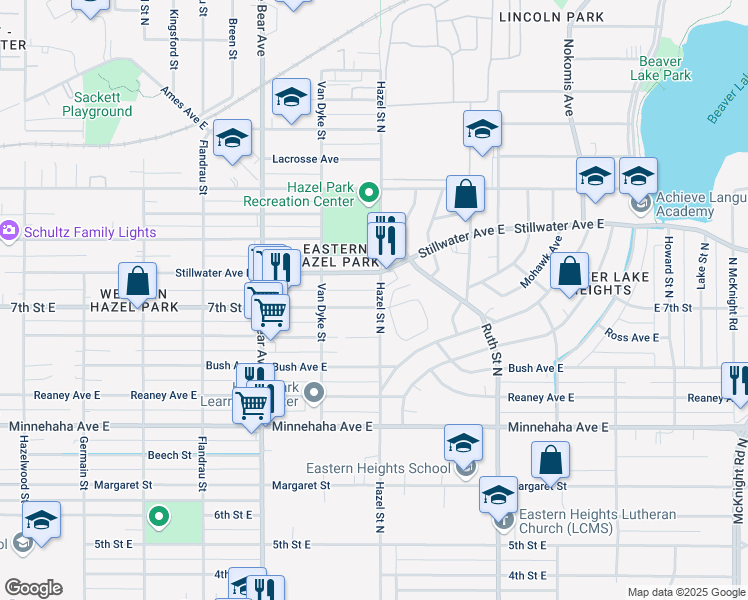 map of restaurants, bars, coffee shops, grocery stores, and more near 1891 7th Street East in Saint Paul