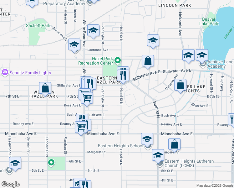 map of restaurants, bars, coffee shops, grocery stores, and more near 1885 7th Street East in Saint Paul