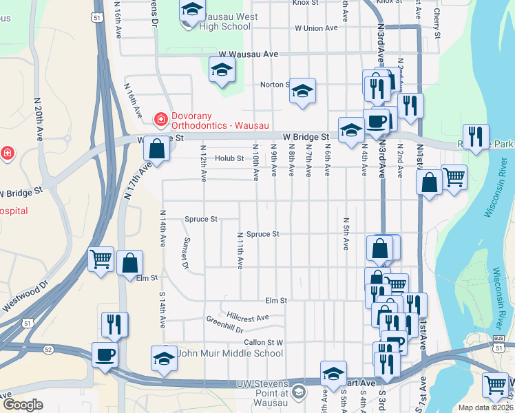 map of restaurants, bars, coffee shops, grocery stores, and more near 332 N 10th Ave in Wausau