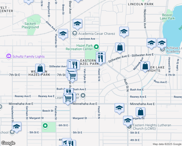 map of restaurants, bars, coffee shops, grocery stores, and more near 1863 7th Street East in Saint Paul