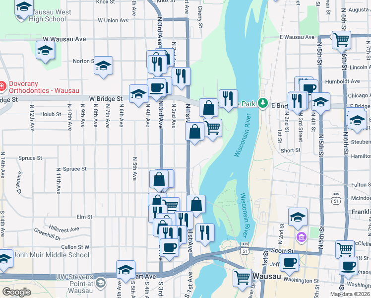 map of restaurants, bars, coffee shops, grocery stores, and more near 332 North 1st Avenue in Wausau
