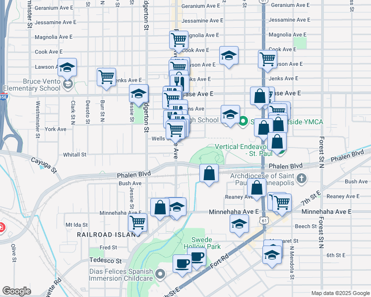 map of restaurants, bars, coffee shops, grocery stores, and more near 674 Wells Street in Saint Paul