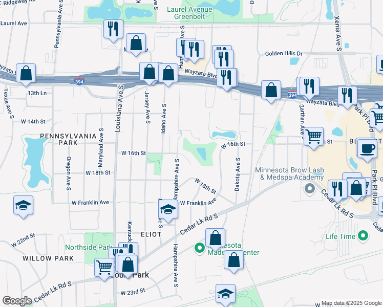 map of restaurants, bars, coffee shops, grocery stores, and more near 6618 West 16th Street in Minneapolis