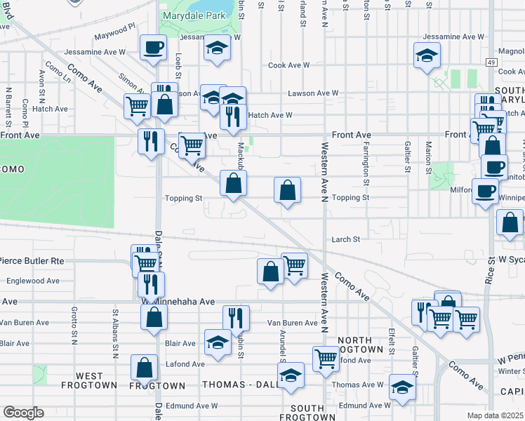 map of restaurants, bars, coffee shops, grocery stores, and more near 463 Como Avenue in Saint Paul