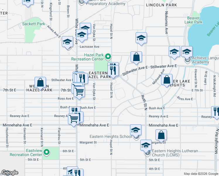 map of restaurants, bars, coffee shops, grocery stores, and more near 1891 7th Street East in Saint Paul