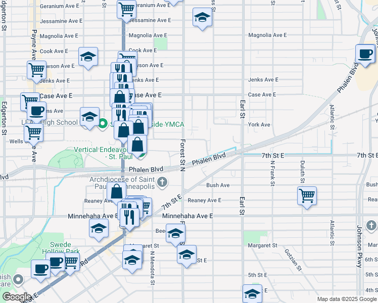 map of restaurants, bars, coffee shops, grocery stores, and more near 849 Duchess Street in Saint Paul