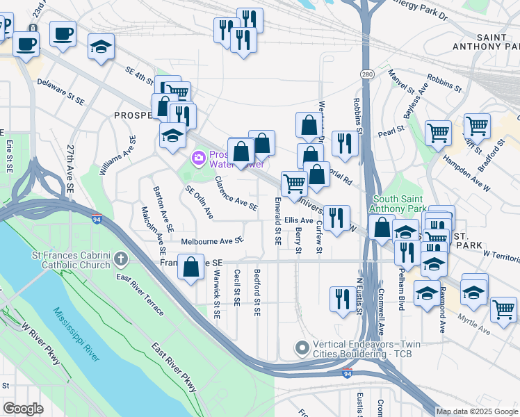 map of restaurants, bars, coffee shops, grocery stores, and more near 77 Bedford Street Southeast in Minneapolis