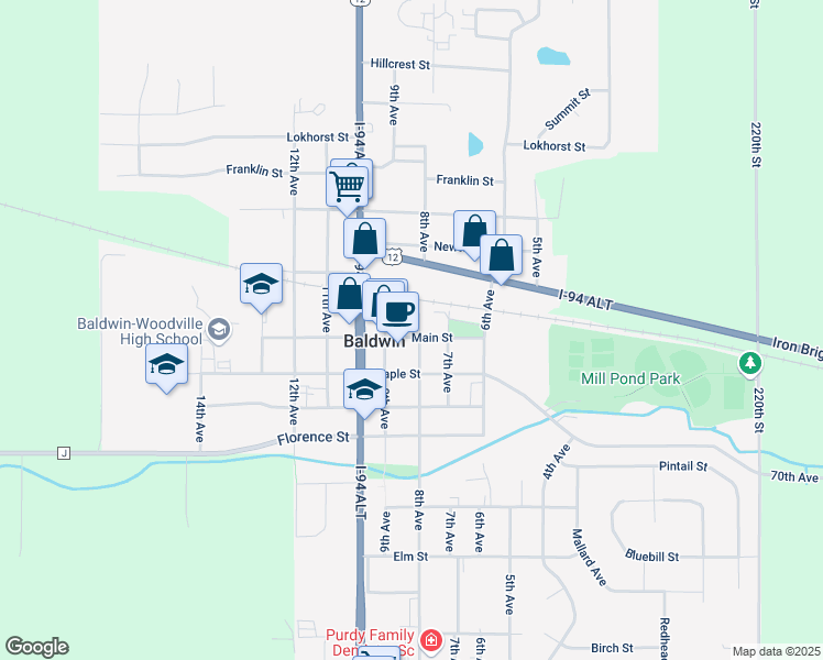 map of restaurants, bars, coffee shops, grocery stores, and more near 810 Main Street in Baldwin