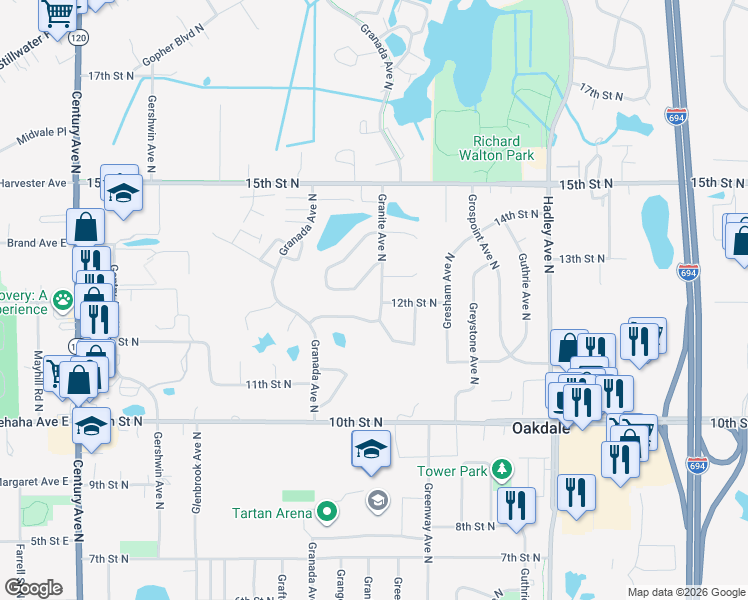 map of restaurants, bars, coffee shops, grocery stores, and more near 1213 Granite Avenue North in Oakdale