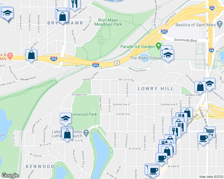 map of restaurants, bars, coffee shops, grocery stores, and more near 1725 Knox Avenue South in Minneapolis