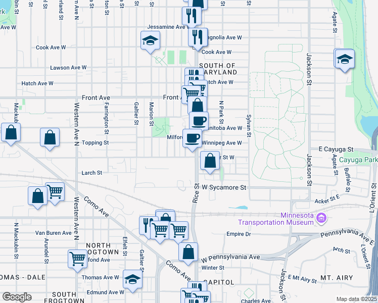 map of restaurants, bars, coffee shops, grocery stores, and more near 852 Albemarle Street in Saint Paul