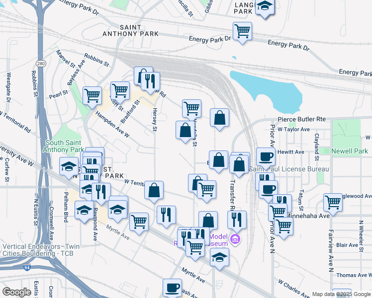 map of restaurants, bars, coffee shops, grocery stores, and more near 855 Vandalia Street in Saint Paul
