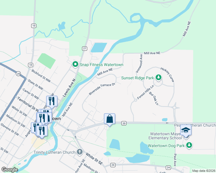 map of restaurants, bars, coffee shops, grocery stores, and more near 120 Riverside Terrace Drive in Watertown
