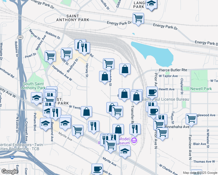 map of restaurants, bars, coffee shops, grocery stores, and more near 855 Vandalia Street in Saint Paul