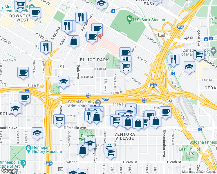 map of restaurants, bars, coffee shops, grocery stores, and more near 1605 Elliot Avenue South in Minneapolis